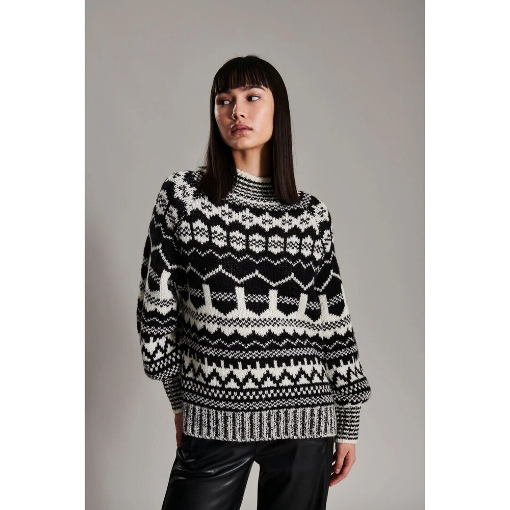 LINE Women's Black & White Knit Nordic Sweater Size L/G Alpaca Blend‎ Winter
